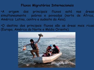 Fluxos Migratórios Internacionais
•A origem dos principais fluxos está nas áreas
simultaneamente pobres e povoadas (norte de África,
América Latina, centro e sudeste da Ásia).
•O destino dos principais fluxos são as áreas mais ricas
(Europa, América do Norte e Médio Oriente).
 