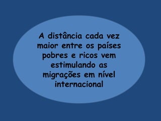 A distância cada vez
maior entre os países
pobres e ricos vem
estimulando as
migrações em nível
internacional
 
