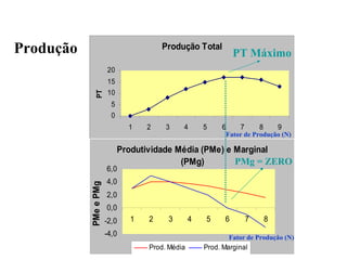 Produção Produção Total
0
5
10
15
20
1 2 3 4 5 6 7 8 9
PT
Produtividade Média (PMe) e Marginal
(PMg)
-4,0
-2,0
0,0
2,0
4,0
6,0
1 2 3 4 5 6 7 8
PMeePMg
Prod. Média Prod. Marginal
PT Máximo
PMg = ZERO
Fator de Produção (N)
Fator de Produção (N)
 