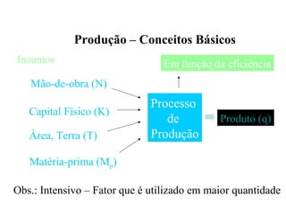 Produção – Conceitos Básicos
Mão-de-obra (N)
Capital Físico (K)
Área, Terra (T)
Matéria-prima (Mp)
Insumos
Processo
de
Produção
Produto (q)
Obs.: Intensivo – Fator que é utilizado em maior quantidade
Em função da eficiência
 