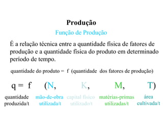 Produção
Função de Produção
É a relação técnica entre a quantidade física de fatores de
produção e a quantidade física do produto em determinado
período de tempo.
q = f (N, K, M, T)
quantidade do produto = f (quantidade dos fatores de produção)
quantidade
produzida/t
mão-de-obra
utilizada/t
capital físico
utilizado/t
matérias-primas
utilizadas/t
área
cultivada/t
 