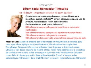 TimeWise®
                  Sérum Facial Renovador TimeWise
              KIT - R$ 185,00 – 108 pontos ou Individual - R$ 55,00 - 32 pontos
                     Conduzimos extensas pesquisas com consumidores para
                     identificar quais benefícios** seriam observados após o uso do
                     produto. Os resultados falam por si mesmos:
                     Quais resultados você poderá observar?
                     89% afirmaram que a pele parecia mais firme e com maior
                     elasticidade.
                     86% afirmaram que a pele possuía aparência mais tonificada.
                     79% afirmaram que a pele parecia renovada.
                     90% afirmaram ter observado uma melhora na aparência da pele.
Modo de uso: Espalhe o produto por todo o rosto em movimentos circulares, para
cima e para fora. Aplique antes do hidratante , das vitaminas e da Loção Even
Complexion. Pressione três vezes o aplicador para dispensar a dose ideal a cada
utilização, três doses na parte da manhã e três à noite. Para potencializar a sua rotina
de cuidados com a pele, utilize em conjunto com o Sistema Anti-idade de Cuidados
com a Pele. A cliente que usá-lo deve aplicar MANHA: 3 em 1 + ´4erum + day
solution(e/ou hidratante)+ base e NOITE: 3 em 1+ sérum+ night solution ou hidratante

                                                                                      10
 