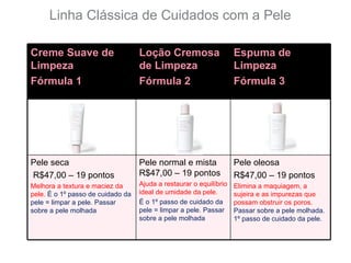 Linha Clássica de Cuidados com a Pele

Creme Suave de                     Loção Cremosa                    Espuma de
Limpeza                            de Limpeza                       Limpeza
Fórmula 1                          Fórmula 2                        Fórmula 3




Pele seca                          Pele normal e mista              Pele oleosa
R$47,00 – 19 pontos                R$47,00 – 19 pontos              R$47,00 – 19 pontos
Melhora a textura e maciez da      Ajuda a restaurar o equilíbrio   Elimina a maquiagem, a
pele. É o 1º passo de cuidado da   ideal de umidade da pele.        sujeira e as impurezas que
pele = limpar a pele. Passar       É o 1º passo de cuidado da       possam obstruir os poros.
sobre a pele molhada               pele = limpar a pele. Passar     Passar sobre a pele molhada.
                                   sobre a pele molhada             1º passo de cuidado da pele.
 