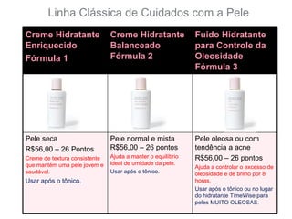 Linha Clássica de Cuidados com a Pele
Creme Hidratante               Creme Hidratante              Fuido Hidratante
Enriquecido                    Balanceado                    para Controle da
Fórmula 1                      Fórmula 2                     Oleosidade
                                                             Fórmula 3




Pele seca                      Pele normal e mista           Pele oleosa ou com
R$56,00 – 26 Pontos            R$56,00 – 26 pontos           tendência a acne
Creme de textura consistente   Ajuda a manter o equilíbrio   R$56,00 – 26 pontos
que mantém uma pele jovem e    ideal de umidade da pele.
                                                             Ajuda a controlar o excesso de
saudável.                      Usar após o tônico.           oleosidade e de brilho por 8
Usar após o tônico.                                          horas.
                                                             Usar após o tônico ou no lugar
                                                             do hidratante TimeWise para
                                                             peles MUITO OLEOSAS.
 