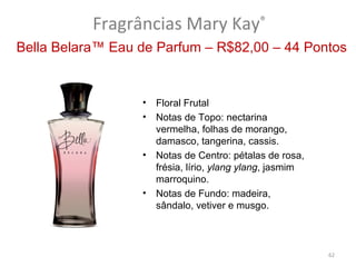 Fragrâncias Mary Kay®
Bella Belara™ Eau de Parfum – R$82,00 – 44 Pontos


                  •   Floral Frutal
                  •   Notas de Topo: nectarina
                      vermelha, folhas de morango,
                      damasco, tangerina, cassis.
                  •   Notas de Centro: pétalas de rosa,
                      frésia, lírio, ylang ylang, jasmim
                      marroquino.
                  •   Notas de Fundo: madeira,
                      sândalo, vetiver e musgo.



                                                           62
 