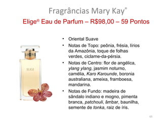 Fragrâncias Mary Kay®
Elige® Eau de Parfum – R$98,00 – 59 Pontos

             •   Oriental Suave
             •   Notas de Topo: peônia, frésia, lírios
                 da Amazônia, toque de folhas
                 verdes, ciclame-da-pérsia.
             •   Notas de Centro: flor de angélica,
                 ylang ylang, jasmim noturno,
                 camélia, Karo Karounde, boronia
                 australiana, ameixa, framboesa,
                 mandarina.
             •   Notas de Fundo: madeira de
                 sândalo indiano e mogno, pimenta
                 branca, patchouli, âmbar, baunilha,
                 semente de tonka, raiz de íris.
                                                         63
 