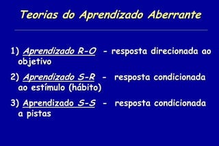 Teorias do Aprendizado Aberrante


1) Aprendizado R-O - resposta direcionada ao
  objetivo
2) Aprendizado S-R - resposta condicionada
  ao estímulo (hábito)
3) Aprendizado S-S - resposta condicionada
  a pistas
 