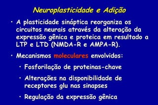 Neuroplasticidade e Adição
• A plasticidade sináptica reorganiza os
  circuitos neurais através da alteração da
  expressão gênica e proteica em resultado a
  LTP e LTD (NMDA-R e AMPA-R).
• Mecanismos moleculares envolvidos:
  • Fosforilação de proteinas-chave
  • Alterações na disponibilidade de
    receptores glu nas sinapses
  • Regulação da expressão gênica
 