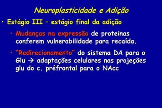 Neuroplasticidade e Adição
• Estágio III – estágio final da adição
  • Mudanças na expressão de proteinas
    conferem vulnerabilidade para recaída.
  • “Redirecionamento” do sistema DA para o
    Glu  adaptações celulares nas projeções
    glu do c. préfrontal para o NAcc
 