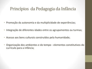 Princípios da Pedagogia da Infância
• Promoção da autonomia e da multiplicidade de experiências;
• Integração de diferentes idades entre os agrupamentos ou turmas;
• Acesso aos bens culturais construídos pela humanidade;
• Organização dos ambientes e do tempo - elementos constitutivos do
currículo para a infância;
 