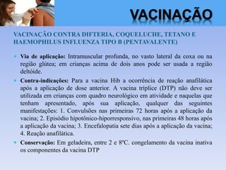 VACINAÇÃO CONTRA DIFTERIA, COQUELUCHE, TETANO E
HAEMOPHILUS INFLUENZA TIPO B (PENTAVALENTE)
 Via de aplicação: Intramuscular profunda, no vasto lateral da coxa ou na
região glútea; em crianças acima de dois anos pode ser usada a região
deltóide.
 Contra-indicações: Para a vacina Hib a ocorrência de reação anafilática
após a aplicação de dose anterior. A vacina tríplice (DTP) não deve ser
utilizada em crianças com quadro neurológico em atividade e naquelas que
tenham apresentado, após sua aplicação, qualquer das seguintes
manifestações: 1. Convulsões nas primeiras 72 horas após a aplicação da
vacina; 2. Episódio hipotônico-hiporresponsivo, nas primeiras 48 horas após
a aplicação da vacina; 3. Encefalopatia sete dias após a aplicação da vacina;
4. Reação anafilática.
 Conservação: Em geladeira, entre 2 e 8ºC. congelamento da vacina inativa
os componentes da vacina DTP
VACINAÇÃO
 