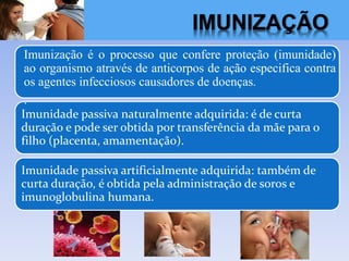 IMUNIZAÇÃO
Imunidade passiva naturalmente adquirida: é de curta
duração e pode ser obtida por transferência da mãe para o
filho (placenta, amamentação).
Imunidade passiva artificialmente adquirida: também de
curta duração, é obtida pela administração de soros e
imunoglobulina humana.
Imunização é o processo que confere proteção (imunidade)
ao organismo através de anticorpos de ação especifica contra
os agentes infecciosos causadores de doenças.
.
 