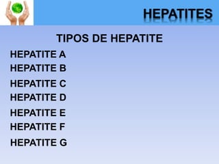HEPATITES
TIPOS DE HEPATITE
HEPATITE A
HEPATITE B
HEPATITE C
HEPATITE D
HEPATITE E
HEPATITE F
HEPATITE G
 