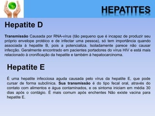 HEPATITES
Hepatite D
Transmissão Causada por RNA-vírus (tão pequeno que é incapaz de produzir seu
próprio envelope protéico e de infectar uma pessoa), só tem importância quando
associada à hepatite B, pois a potencializa. Isoladamente parece não causar
infecção. Geralmente encontrado em pacientes portadores do vírus HIV e está mais
relacionado à cronificação da hepatite e também à hepatocarcinoma.
Hepatite E
É uma hepatite infecciosa aguda causada pelo vírus da hepatite E, que pode
cursar de forma subclínica. Sua transmissão é do tipo fecal oral, através do
contato com alimentos e água contaminados, e os sintoma iniciam em média 30
dias após o contágio. É mais comum após enchentes Não existe vacina para
hepatite E.
 
