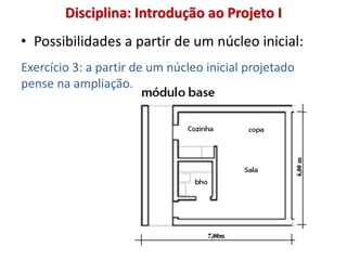 Disciplina: Introdução ao Projeto I
• Possibilidades a partir de um núcleo inicial:
Exercício 3: a partir de um núcleo inicial projetado
pense na ampliação.
 