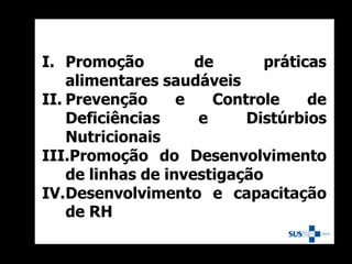 I. Promoção de práticas
alimentares saudáveis
II. Prevenção e Controle de
Deficiências e Distúrbios
Nutricionais
III.Promoção do Desenvolvimento
de linhas de investigação
IV.Desenvolvimento e capacitação
de RH
 
