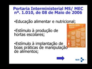 Portaria Interministerial MS/ MEC
nº. 1.010, de 08 de Maio de 2006
•Educação alimentar e nutricional;
•Estímulo à produção de
hortas escolares;
•Estímulo à implantação de
boas práticas de manipulação
de alimentos;
 