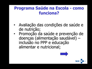 Programa Saúde na Escola - como
funciona?
• Avaliação das condições de saúde e
de nutrição;
• Promoção da saúde e prevenção de
doenças (alimentação saudável) –
inclusão no PPP e educação
alimentar e nutricional;
 