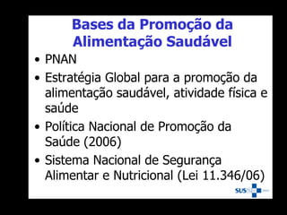 Bases da Promoção da
Alimentação Saudável
• PNAN
• Estratégia Global para a promoção da
alimentação saudável, atividade física e
saúde
• Política Nacional de Promoção da
Saúde (2006)
• Sistema Nacional de Segurança
Alimentar e Nutricional (Lei 11.346/06)
 