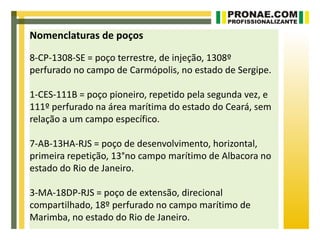 Nomenclaturas de poços
8-CP-1308-SE = poço terrestre, de injeção, 1308º
perfurado no campo de Carmópolis, no estado de Sergipe.

1-CES-111B = poço pioneiro, repetido pela segunda vez, e
                           vvv
111º perfurado na área marítima do estado do Ceará, sem
relação a um campo específico.

7-AB-13HA-RJS = poço de desenvolvimento, horizontal,
primeira repetição, 13°no campo marítimo de Albacora no
estado do Rio de Janeiro.

3-MA-18DP-RJS = poço de extensão, direcional
compartilhado, 18º perfurado no campo marítimo de
Marimba, no estado do Rio de Janeiro.
 