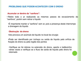PROBLEMAS QUE PODEM ACONTECER COM O DRENO
mesmos passos do esvaziamento da
Acumular ar dentro da “sanfona”:
• Retire todo o ar realizando os
“sanfona”, porém sem retirar o líquido
•É importante manter a “sanfona” sem ar, pois a presença deste interrompe
a drenagem do líquido
Obstrução do dreno
•Isto provoca um acúmulo de líquido no local da cirurgia
•Pode ser identificado por inchaço ou saída de líquido pelo orifício de
fixação do dreno ou pela região dos pontos
•Verifique se há dobras na extensão do dreno, aperte o balãozinho
várias vezes e verifique se o fluxo de saída de líquido pelo dreno foi
retomado
 