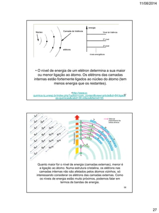 11/08/2014
27
• O nível de energia de um elétron determina a sua maior
ou menor ligação ao átomo. Os elétrons das camadas
internas estão fortemente ligados ao núcleo do átomo (tem
menos energia que os restantes).
•http://www.e-
quimica.iq.unesp.br/index.php?option=com_content&view=article&id=84:ligaco
es-quimicas&catid=36:videos&Itemid=55
57
Quanto maior for o nível de energia (camadas externas), menor é
a ligação ao átomo. Numa estrutura cristalina, os elétrons nas
camadas internas não são afetados pelos átomos vizinhos, só
interessando considerar os elétrons das camadas externas. Como
os níveis de energia estão muito próximos, podemos falar em
termos de bandas de energia.
58
 
