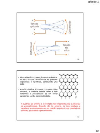 11/08/2014
62
130
• Os cristais têm composição química definida,
ou seja, os íons são dispostos em posições
específicas e repetitivas, constituindo uma
rede.
• A rede cristalina é formada por várias celas
unitárias, a simetria dessas celas é que
determina a possibilidade de um cristal
apresentar ou não a piezeletricidade.
A ausência de simetria é a condição mais importante para a presença
de piezeletricidade. Quando não há simetria, os íons positivos e
negativos se movimentam um em relação ao outro (como resultado da
pressão), produzindo dipolos elétricos.
131
 