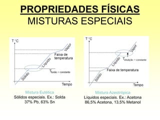 PROPRIEDADES FÍSICAS
MISTURAS ESPECIAIS
Mistura Eutética
Sólidos especiais. Ex.: Solda
37% Pb, 63% Sn
Mistura Azeotrópica
Líquidos especiais. Ex.: Acetona
86,5% Acetona, 13,5% Metanol
 