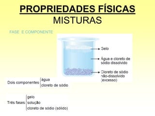 PROPRIEDADES FÍSICAS
MISTURAS
FASE E COMPONENTE
 