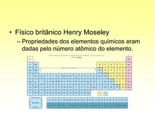 • Físico britânico Henry Moseley
– Propriedades dos elementos químicos eram
dadas pelo número atômico do elemento.
 