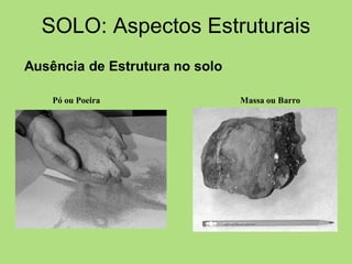 Ausência de Estrutura no solo
SOLO: Aspectos Estruturais
Pó ou Poeira Massa ou Barro
 