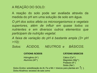 A REAÇÃO DO SOLO:
A reação do solo pode ser avaliada através da
medida do pH em uma solução de solo em água.
O pH dos solos afeta os microorganismos e vegetais
superiores, além de influir em quase todos os
nutrientes e em diversos outros elementos que
participam da nutrição vegetal.
A faixa de variação do pH é bastante ampla (3> pH
>10);
Solos: ÁCIDOS, NEUTROS e BÁSICOS.
Solos Ácidos: solubilização do Al, Fe e Mn = tóxicos para plantas em [ ].
Solos Alcalinos: excesso de sais como
CÁTIONS ÁCIDOS
Hidrogênio (H+)
Alumínio (Al3+)
CÁTIONS BÁSICOS
Cálcio (Ca2+)
Magnésio (Mg2+)
Potássio (K+)
Sódio (Na+)
 