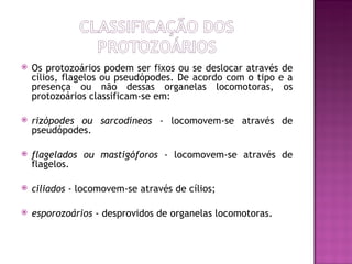    Os protozoários podem ser fixos ou se deslocar através de
    cílios, flagelos ou pseudópodes. De acordo com o tipo e a
    presença ou não dessas organelas locomotoras, os
    protozoários classificam-se em:

   rizópodes ou sarcodíneos - locomovem-se através de
    pseudópodes.

   flagelados ou mastigóforos - locomovem-se através de
    flagelos.

   ciliados - locomovem-se através de cílios;

   esporozoários - desprovidos de organelas locomotoras.
 