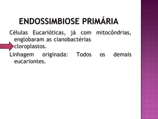 Células Eucarióticas, já com mitocôndrias,
  englobaram as cianobactérias
  cloroplastos.
Linhagem originada: Todos os demais
  eucariontes.
 