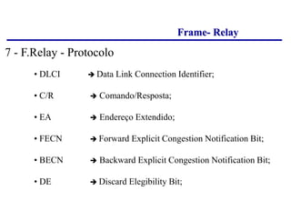Frame- Relay
• DLCI  Data Link Connection Identifier;
• C/R  Comando/Resposta;
• EA  Endereço Extendido;
• FECN  Forward Explicit Congestion Notification Bit;
• BECN  Backward Explicit Congestion Notification Bit;
• DE  Discard Elegibility Bit;
7 - F.Relay - Protocolo
 
