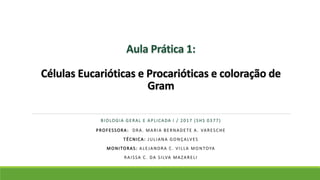 Aula Prática 1:
Células Eucarióticas e Procarióticas e coloração de
Gram
BIOLOGIA GERAL E APLICADA I / 2017 ( SHS 0377)
PROFESSORA: DRA . MARIA BERNADETE A . VARESCHE
TÉCNICA: JULIANA GONÇALVES
MONITORAS: ALEJANDRA C. VILLA MONTOYA
RAISSA C. DA SILVA MAZARELI
 