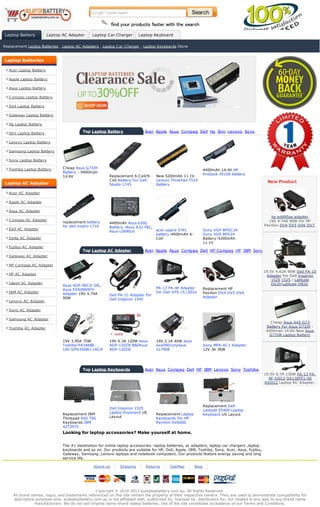Search
Laptop Battery Laptop AC Adapter Laptop Car Charger Laptop Keyboard
Replacement Laptop Batteries , Laptop AC Adapters , Laptop Car Charger , Laptop Keyboards Store.
Laptop Batteries
Acer Laptop Battery
Apple Laptop Battery
Asus Laptop Battery
Compaq Laptop Battery
Dell Laptop Battery
Gateway Laptop Battery
Hp Laptop Battery
Ibm Laptop Battery
Lenovo Laptop Battery
Samsung Laptop Battery
Sony Laptop Battery
Toshiba Laptop Battery
Laptop AC Adapter
Acer AC Adapter
Apple AC Adapter
Asus AC Adapter
Compaq AC Adapter
Dell AC Adapter
Delta AC Adapter
Fujitsu AC Adapter
Gateway AC Adapter
HP Compaq AC Adapter
HP AC Adapter
Liteon AC Adapter
IBM AC Adapter
Lenovo AC Adapter
Sony AC Adapter
Samsung AC Adapter
Toshiba AC Adapter
Looking for laptop accessories? Make yourself at home.
The #1 destination for online laptop accessories--laptop batteries, ac adapters, laptop car chargers ,laptop
keyboards and so on. Our products are suitable for HP, Dell, Apple, IBM, Toshiba, Sony, Acer, Asus, Fujitsu,
Gateway, Samsung ,Lenovo laptops and notebook computers. Our products feature energy saving and long
service life.
Top Laptop Battery Acer Apple Asus Compaq Dell Hp Ibm Lenovo Sony
Cheap Asus G73JH
Battery : 5400mah
14.6V Replacement 6-Cell/9-
Cell Battery For Dell
Studio 1745
New 5200mAh 11.1V
Lenovo ThinkPad T510
Battery
4400mAh 14.4V HP
Probook 4510S battery
replacement battery
for dell vostro 1710
4400mAh Asus k50ij
Battery :Asus A32-F82,
Asus L0690L6 acer aspire 5741
battery:4400mAh 6-
Cell
Sony VGP-BPSC24
Sony VGP-BPS24
Battery:4200mAh
11.1V
Top Laptop AC Adapter Acer Apple Asus Compaq Dell HP Compaq HP IBM Sony
Asus ADP-90CD DB,
Asus EXA0904YH
Adapter 19V 4.74A
90W
Dell PA-21 Adapter For
Dell Inspiron 1545
PA-13 PA-4E Adapter
For Dell XPS 15 L502x
Replacement HP
Pavilion DV4 DV5 DV6
Adapter
19V 3.95A 75W
Toshiba PA3468E-
1AC3/PA3468U-1ACA
19V 6.3A 120W Asus
ADP-120ZB BB/Asus
ADP-120ZB
19V 2.1A 40W asus
exa0901xh/asus
n17908
Sony MPA-AC1 Adapter
12V 3A 36W
Top Laptop Keyboards Acer Asus Compaq Dell HP IBM Lenovo Sony Toshiba
Replacement IBM
Thinkpad R60 T60
Keyboards:IBM
42T3970
Dell Inspiron 1525
Laptop Keyboard US
Layout
Replacement Laptop
Keyboards For HP
Pavilion DV6000
Replacement Dell
Latitude E5400 Laptop
Keyboard US Layout
New Product
hp ed495aa adapter
19V 4.74A 90W For HP
Pavilion DV4 DV5 DV6 DV7.
19.5V 4.62A 90W Dell PA-10
Adapter For Dell Inspiron
1520 1525 / Latitude
D620/Latitude D820.
Cheap Asus A42-G73
Battery For Asus G73JH :
5400mah 14.6V.New Asus
G73JW Laptop Battery
19.5V 6.7A 130W PA-13 PA-
4E JU012 DA130PE1-00
0JU012 Laptop AC Adapter.
Copyright © 2010-2013 aulaptopbattery.com.au. All Rights Reserved.
All brand names, logos, and trademarks referenced on this site remain the property of their respective owners. They are used to demonstrate compatibility for
descriptive purposes only. aulaptopbattery.com.au is not affiliated with, authorized by, licensed by, distributors for, nor related in any way to any brand name
manufacturers. We do not sell original name-brand laptop batteries. Use of the site constitutes acceptance of our Terms and Conditions.
About Us Shipping Returns SiteMap Blog
 