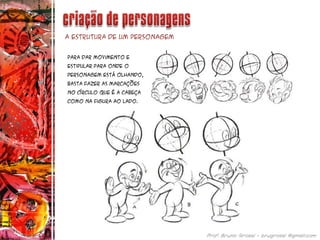 A estrutura de um personagem
Para dar movimento e
estipular para onde o
personagem está olhando,
basta fazer as marcações
no círculo que é a cabeça
como na figura ao lado.
 