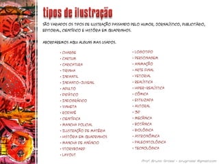 São variados os tipos de ilustração passando pelo humor, jornalístico, publicitário,
editorial, científico e história em quadrinhos.
Abordaremos aqui alguns mais usados.
• Charge
• Cartum
• Caricatura
• Tirinha
• Infantil
• Infanto-juvenil
• Adulto
• Didático
• Infográfico
• Vinheta
• Rodapé
• Científica
• Mancha policial
• Ilustração de matéria
• História em quadrinhos
• Mancha de anúncio
• Storyboard
• Layout
• Logotipo
• Personagem
• Animação
• Arte final
• Vetorial
• Realística
• Hiper-realística
• Cômica
• Estilizada
• Autoral
• 3D
• Mecânica
• Botânica
• Biológica
• Astronômica
• Paleontológica
• Tecnológica
 