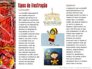 A ilustração geralmente é
uma imagem figurativa
podendo ser abstrata ou
não, porém ela acompanha
um caráter explicativo, com
o objetivo de acrescentar
informações, sintetizar,
decorar ou representar
visualmente um texto.
A ilustração funciona como
um material ligado a um
objeto, no caso o texto.
A ilustração é em sua
maioria uma atividade
profissional, pode ser
encomendada por um
cliente, seja ele quem
for, gerando recursos
financeiros ou não. Este é
um trabalho conceitual que
visa ilustrar qualquer
assunto em qualquer
método ou técnica.
ilustração
O desenho é uma ilustração
descompromissada, é um
suporte artístico para
qualquer assunto ou ideia. O
trabalho é feito da mesma
forma que a ilustração,
porém, sem nenhum objetivo
ou texto, é apenas um
desenho, sendo bonito ou
feio, com detalhes ou sem,
com acabamento ou não. As
formas que surgem do
ponto linha ou plano
divagam no suporte
escolhido para o trabalho.
O termo desenho pode ser
confundido, pois há muitas
modalidades como desenho
gráfico, arquitetônico,
mecânico, artístico,
projetivo, geométrico,
modelo vivo entre outros.
Por isso é complexo
definirmos qual é o modelo
certo para a palavra.
Desenho
 