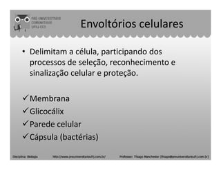 Envoltórios celulares
• Delimitam a célula, participando dos
processos de seleção, reconhecimento e
sinalização celular e proteção.
Membrana
Glicocálix
Parede celular
Cápsula (bactérias)
 