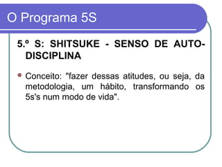 O Programa 5S
5.º S: SHITSUKE - SENSO DE AUTO-
DISCIPLINA
 Conceito: "fazer dessas atitudes, ou seja, da
metodologia, um hábito, transformando os
5s's num modo de vida".
 