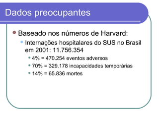 Dados preocupantes
Baseado nos números de Harvard:
Internações hospitalares do SUS no Brasil
em 2001: 11.756.354
 4% = 470.254 eventos adversos
 70% = 329.178 incapacidades temporárias
 14% = 65.836 mortes
 