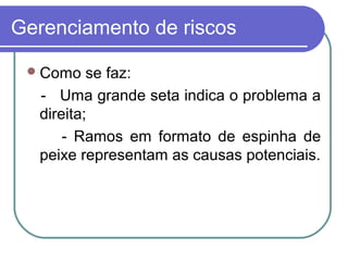 Gerenciamento de riscos
Como se faz:
- Uma grande seta indica o problema a
direita;
- Ramos em formato de espinha de
peixe representam as causas potenciais.
 