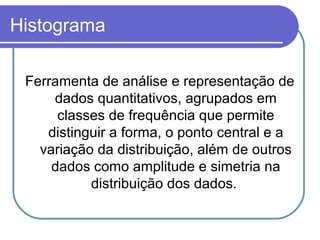 Histograma
Ferramenta de análise e representação de
dados quantitativos, agrupados em
classes de frequência que permite
distinguir a forma, o ponto central e a
variação da distribuição, além de outros
dados como amplitude e simetria na
distribuição dos dados.
 