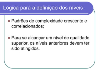 Lógica para a definição dos níveis
 Padrões de complexidade crescente e
correlacionados;
 Para se alcançar um nível de qualidade
superior, os níveis anteriores devem ter
sido atingidos.
 