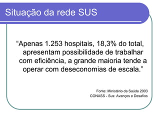 Situação da rede SUS
“Apenas 1.253 hospitais, 18,3% do total,
apresentam possibilidade de trabalhar
com eficiência, a grande maioria tende a
operar com deseconomias de escala.”
Fonte: Ministério da Saúde 2003
CONASS - Sus: Avanços e Desafios
 