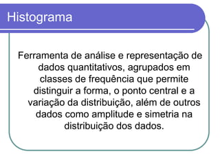 Histograma
Ferramenta de análise e representação de
dados quantitativos, agrupados em
classes de frequência que permite
distinguir a forma, o ponto central e a
variação da distribuição, além de outros
dados como amplitude e simetria na
distribuição dos dados.
 