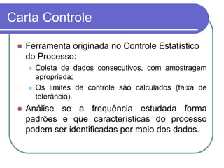Carta Controle
 Ferramenta originada no Controle Estatístico
do Processo:
 Coleta de dados consecutivos, com amostragem
apropriada;
 Os limites de controle são calculados (faixa de
tolerância).
 Análise se a frequência estudada forma
padrões e que características do processo
podem ser identificadas por meio dos dados.
 