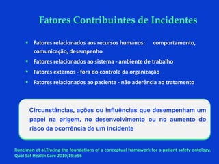 Fatores Contribuintes de Incidentes
 Fatores relacionados aos recursos humanos: comportamento,
comunicação, desempenho
 Fatores relacionados ao sistema - ambiente de trabalho
 Fatores externos - fora do controle da organização
 Fatores relacionados ao paciente - não aderência ao tratamento
Runciman et al.Tracing the foundations of a conceptual framework for a patient safety ontology.
Qual Saf Health Care 2010;19:e56
Circunstâncias, ações ou influências que desempenham um
papel na origem, no desenvolvimento ou no aumento do
risco da ocorrência de um incidente
 